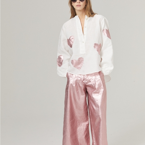 Cupid Linen Shirt - Off-White with Metallic Pink Hearts - Picture 2 of 4